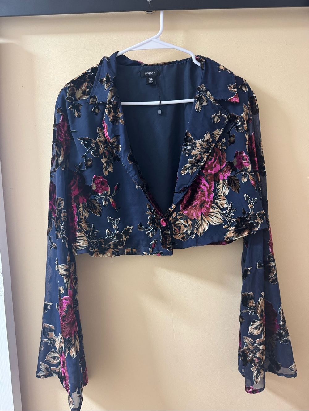 Nasty Gal Navy Cropped Blouse with Pink Floral Print